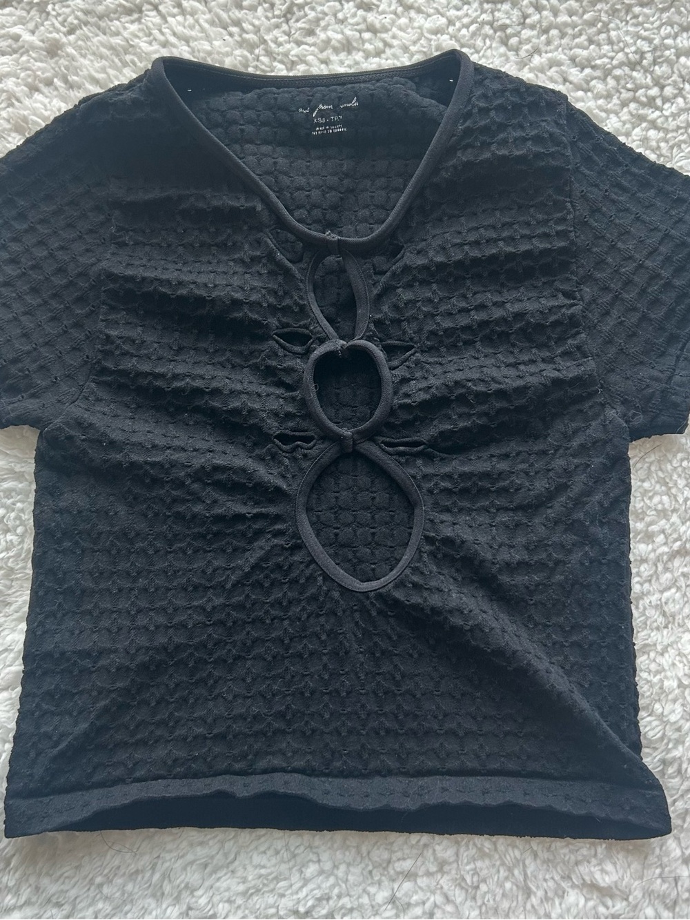 Urban Outfitters Black Textured Short Sleeve Crop Top with Ring Cutouts